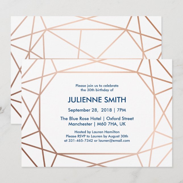 Elegant Rose Gold & Navy Blue Geometric Birthday Invitation (Front/Back)