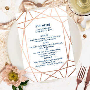 Elegant Rose Gold & Navy Blue Geometric Menu Invitation
