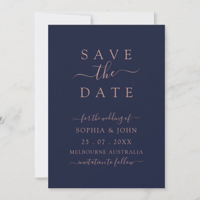 Elegant Rose Gold Navy Blue Save The Date (Front)