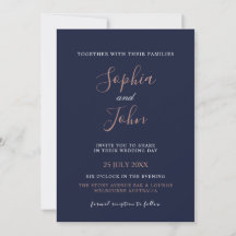 Elegant Rose Gold Navy Blue Wedding Invitation