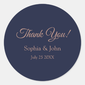 Elegant Rose Gold Navy Blue Wedding Thank You Classic Round Sticker