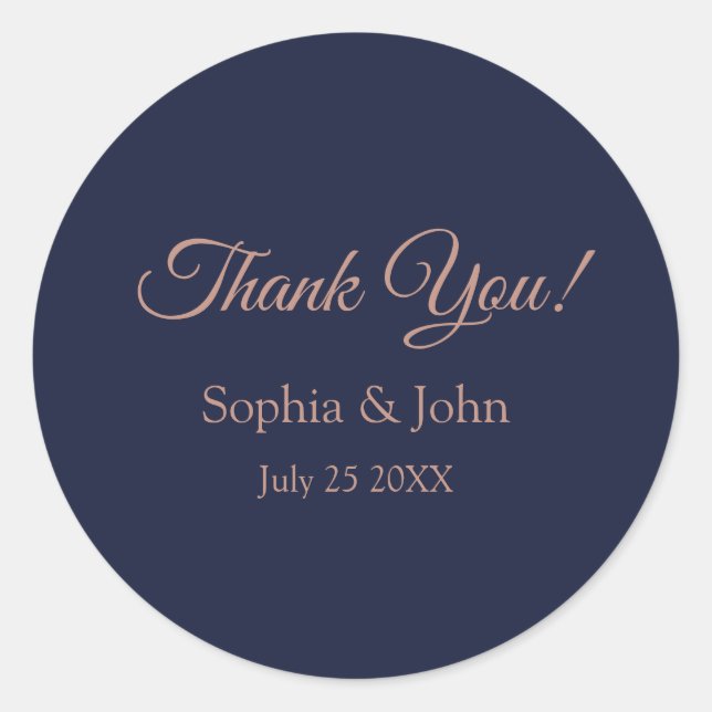 Elegant Rose Gold Navy Blue Wedding Thank You Classic Round Sticker (Front)