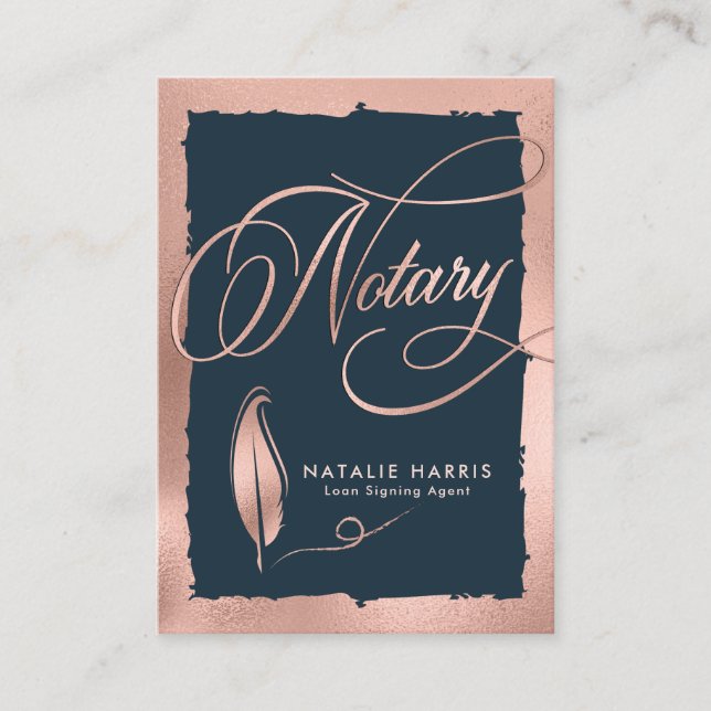 Elegant Rose Gold & Navy Notary Loan Agent  Business Card (Front)