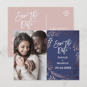 Elegant Rose Gold   Navy Photo Save the Date Announcement Postcard
