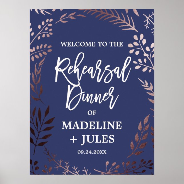 Elegant Rose Gold & Navy Rehearsal Dinner Welcome Poster (Front)