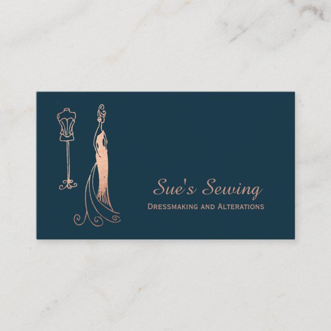 Elegant Rose Gold Navy Seamstress Business Card (Front)
