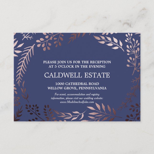 Elegant Rose Gold & Navy Wedding Reception Card (Front)