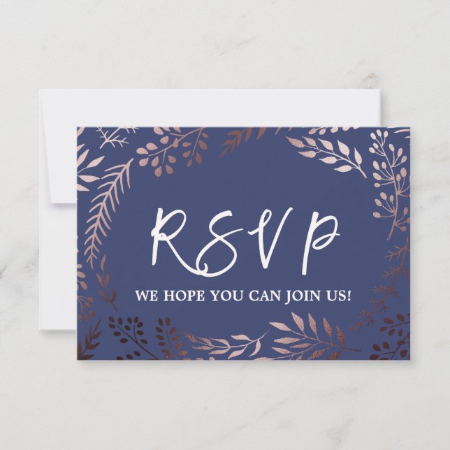 Elegant Rose Gold & Navy Wedding Website RSVP Card (Front)