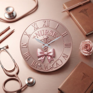 Elegant Rose Gold Nurse Caduceus Bow Medical Large Clock