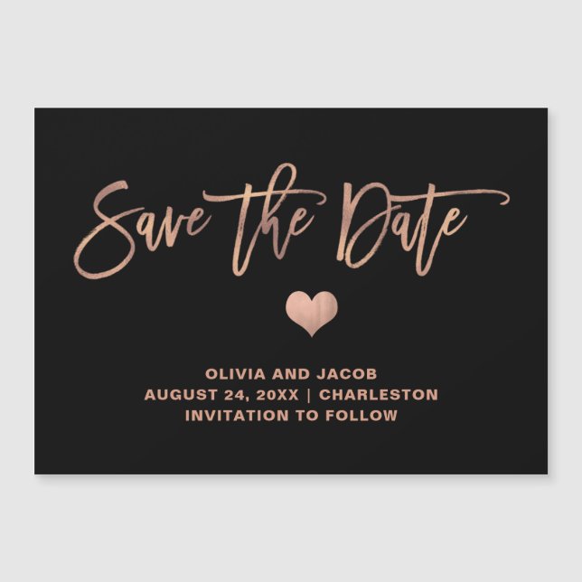 Elegant Rose Gold on Black and Heart Save The Date Magnetic Invitation (Front)