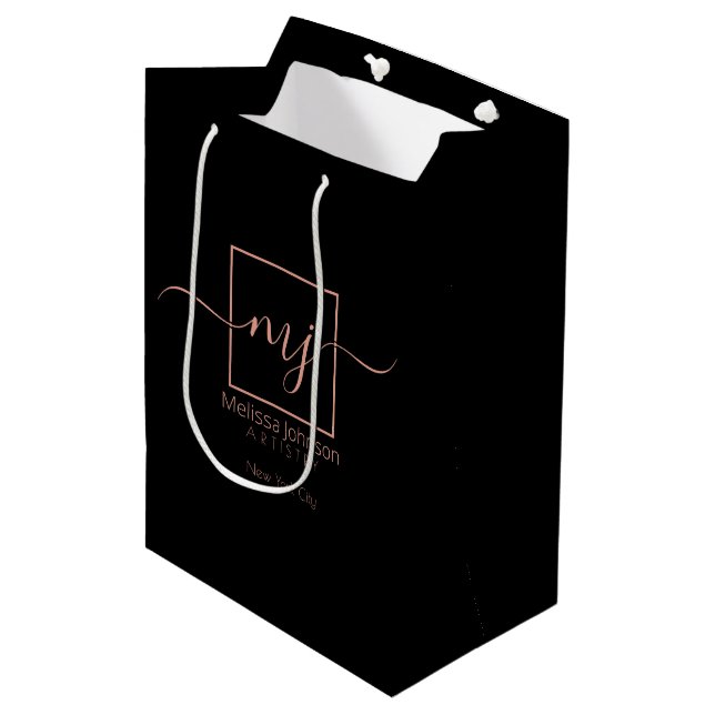 Elegant Rose Gold on Black  Medium Gift Bag (Front Angled)