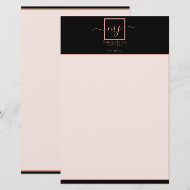Elegant Rose Gold on Black  Stationery (Front/Back)