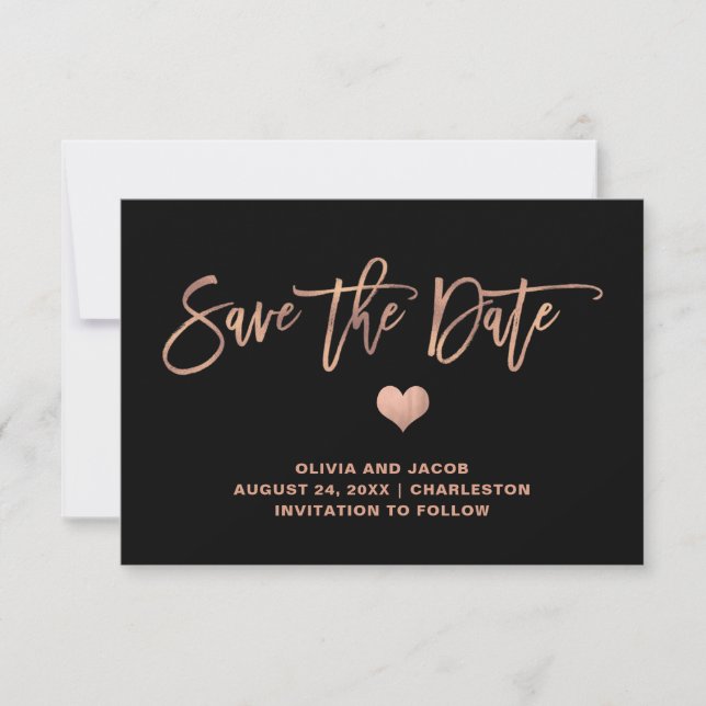 Elegant Rose Gold on Black with Heart Save The Date (Front)