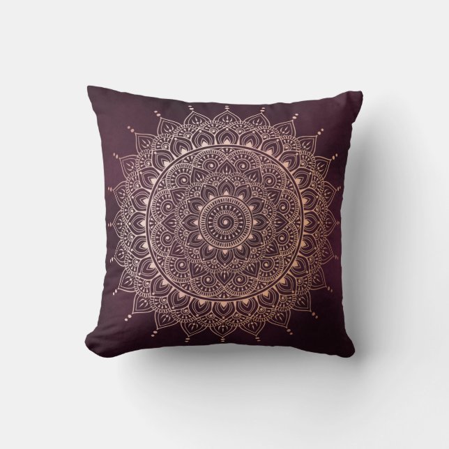 Elegant Rose Gold on Burgundy Floral Henna Mandala Cushion (Front)