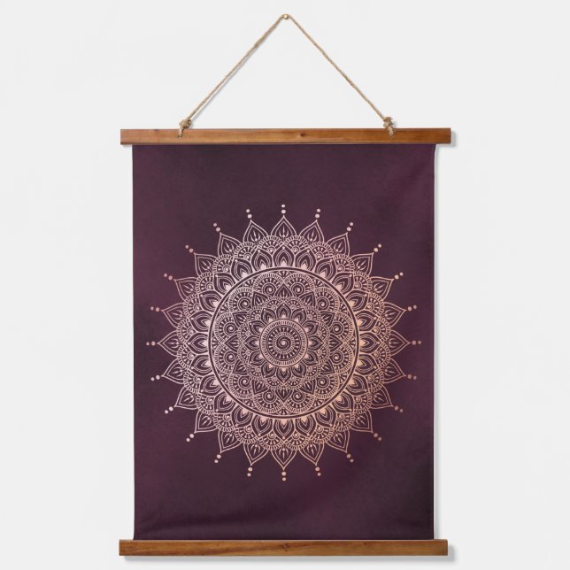 Elegant Rose Gold on Burgundy Floral Henna Mandala Hanging Tapestry (Front)