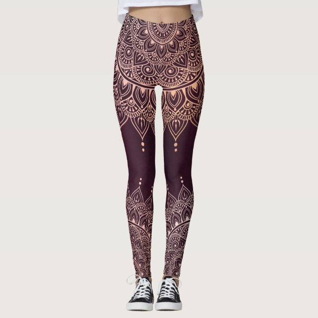 Elegant Rose Gold on Burgundy Floral Henna Mandala Leggings (Front)
