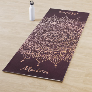 Elegant Rose Gold on Burgundy Floral Henna Mandala Yoga Mat