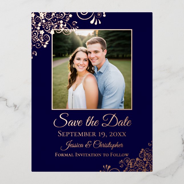 Elegant Rose Gold on Navy Photo Save the Date Foil Invitation Postcard (Front)