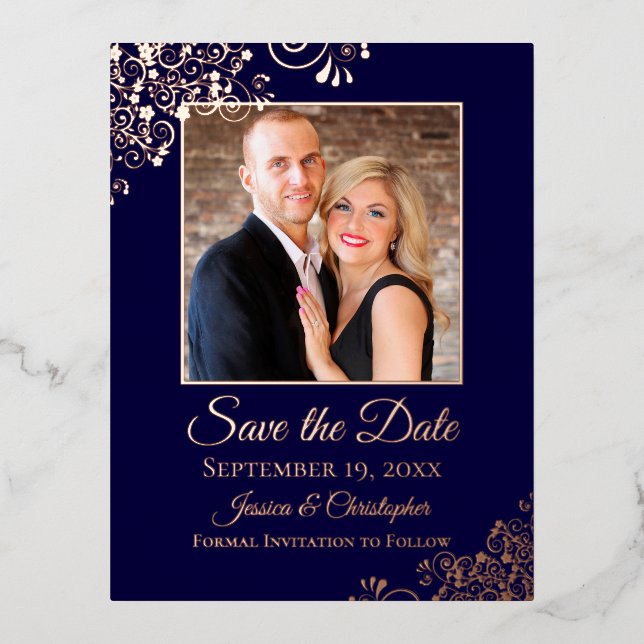 Elegant Rose Gold on Navy Photo Save the Date Foil Invitation Postcard (Front)