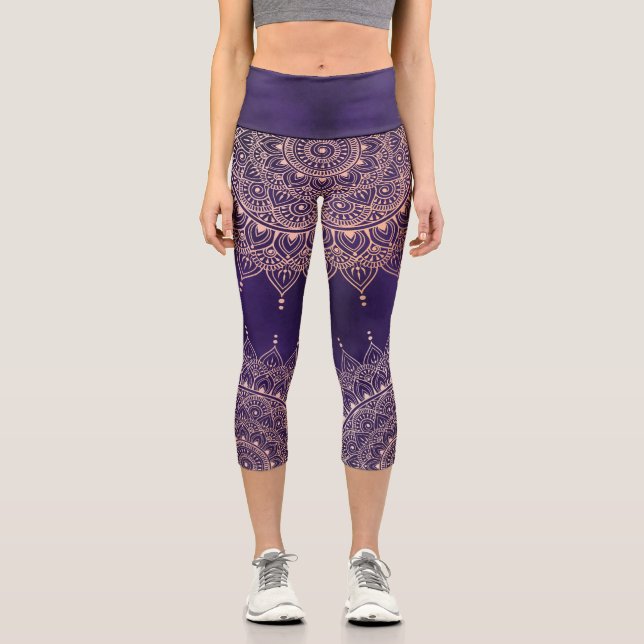 Elegant Rose Gold on Purple Floral Henna Mandala Capri Leggings (Front)