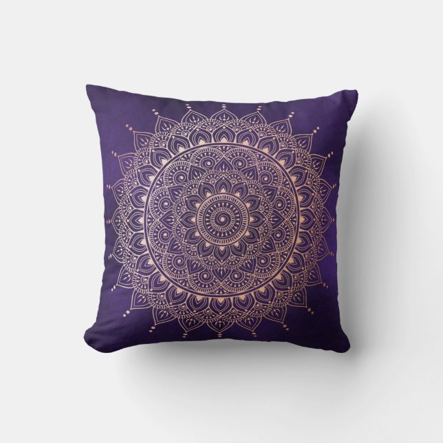 Elegant Rose Gold on Purple Floral Henna Mandala Cushion (Front)