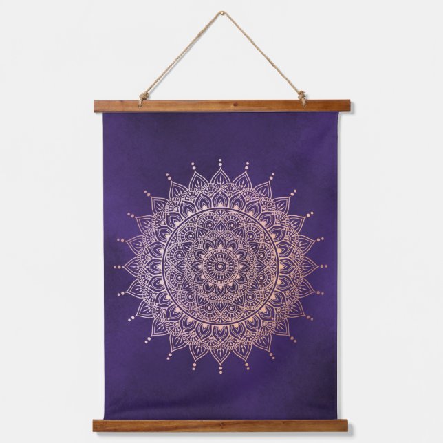 Elegant Rose Gold on Purple Floral Henna Mandala Hanging Tapestry (Front)
