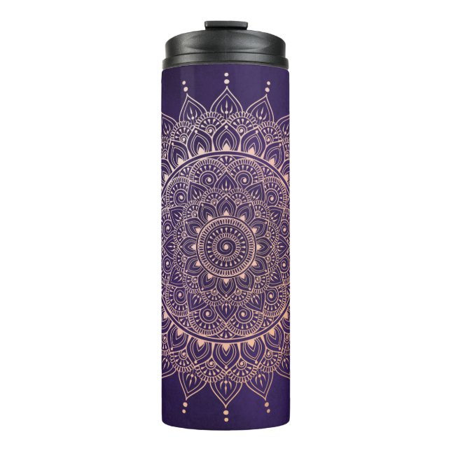 Elegant Rose Gold on Purple Floral Henna Mandala Thermal Tumbler (Front)