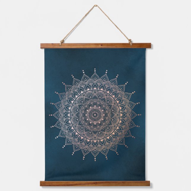 Elegant Rose Gold on Teal Floral Henna Mandala Hanging Tapestry (Front)