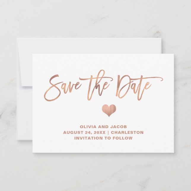 Elegant Rose Gold on White with Heart Save The Date (Front)