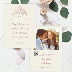Elegant Rose Gold Orchid Flowers Wedding Photo QR Invitation