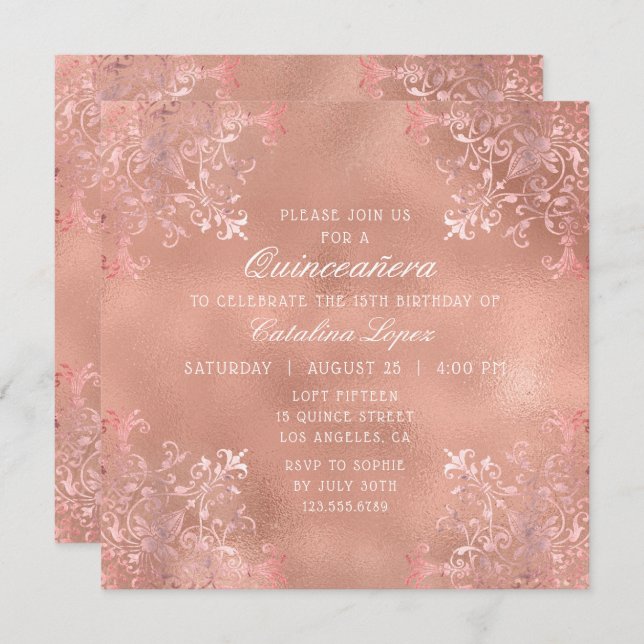 Elegant Rose Gold Ornate Floral Quinceañera Invitation (Front/Back)