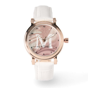 Elegant Rose Gold Paint Glitter Marble Sparkle Watch