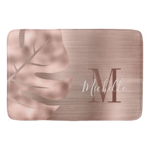 Elegant Rose Gold Palm Leaf Monogram Bath Mat