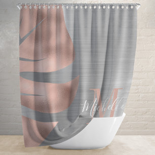 Elegant Rose Gold Palm Leaf Monogrammed Shower Curtain