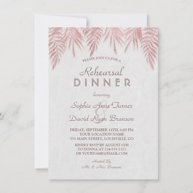 Elegant Rose Gold Palm Leaves Rehearsal Dinner Invitation (Front)