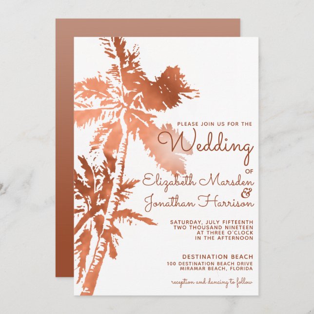 Elegant Rose Gold Palm Trees Tropical Wedding Invitation (Front/Back)