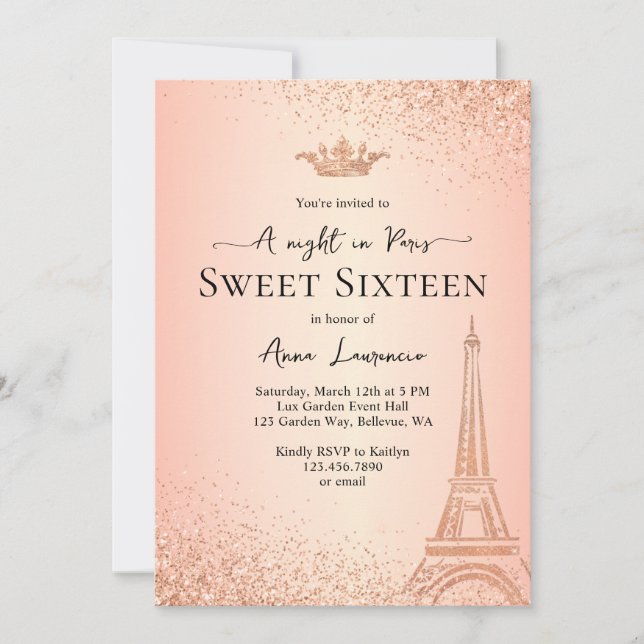 Elegant Rose Gold Paris Theme Sweet 16 Birthday Invitation (Front)