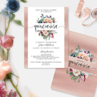 Elegant Rose Gold Pastel Floral  Quinceañera Invit