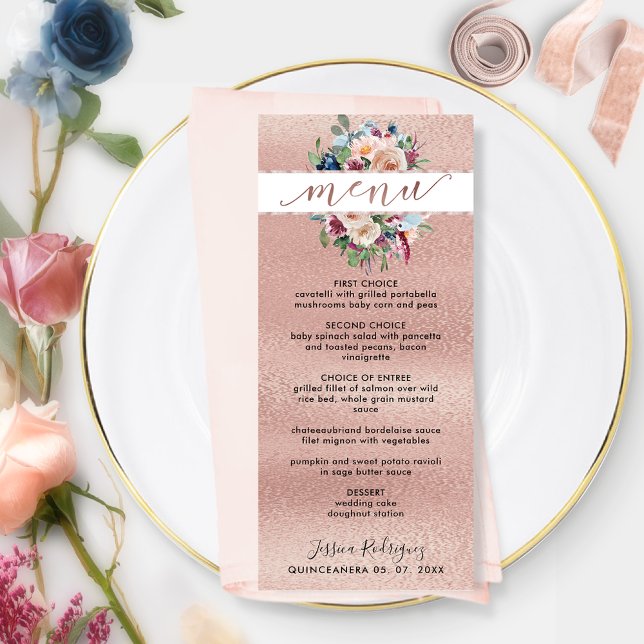 Elegant Rose Gold Pastel Floral Quinceañera Menu (Creator Uploaded)