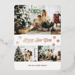 Elegant Rose Gold Paw Photo Happy New Year Foil Holiday Card