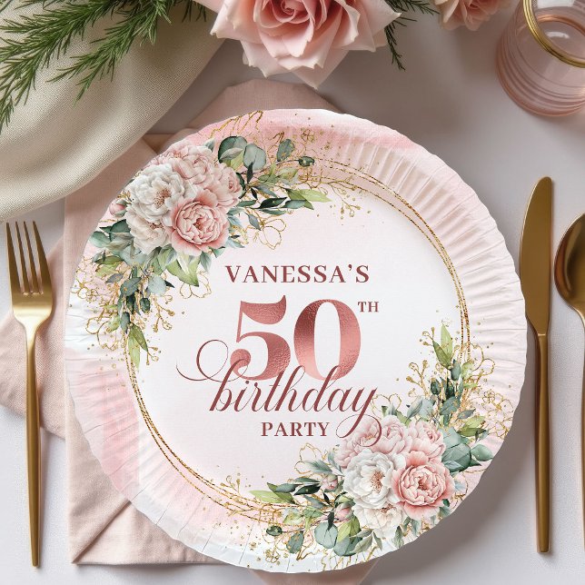 Elegant Rose Gold Peonies 50th Birthday Party Plat Paper Plate (Elegant Rose Gold Peonies 50th Birthday Party Plates)