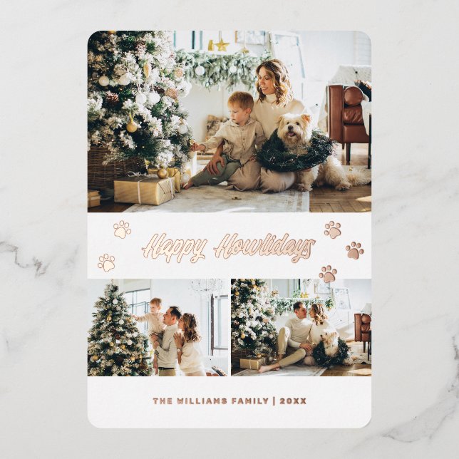 Elegant Rose Gold Photo Happy Howlidays Paw Foil Holiday Card (Front)