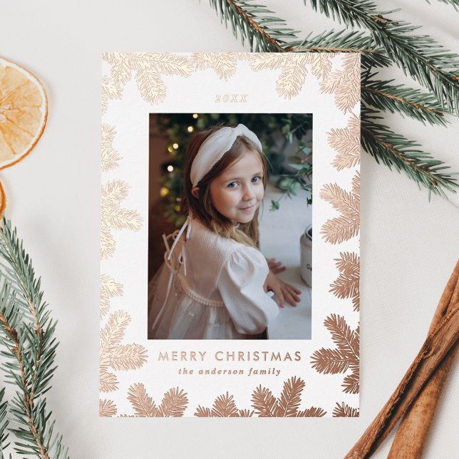 Elegant Rose Gold Pine Frame Photo Foil Holiday Card (Creator Uploaded)