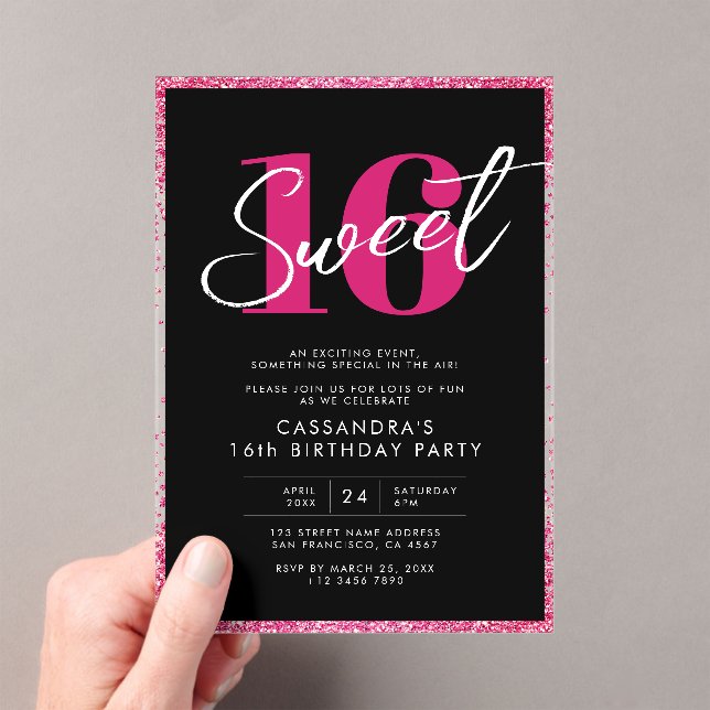 Elegant Rose Gold Pink & Black Sweet 16 Birthday  Acrylic Invitations (Insitu (Handheld))