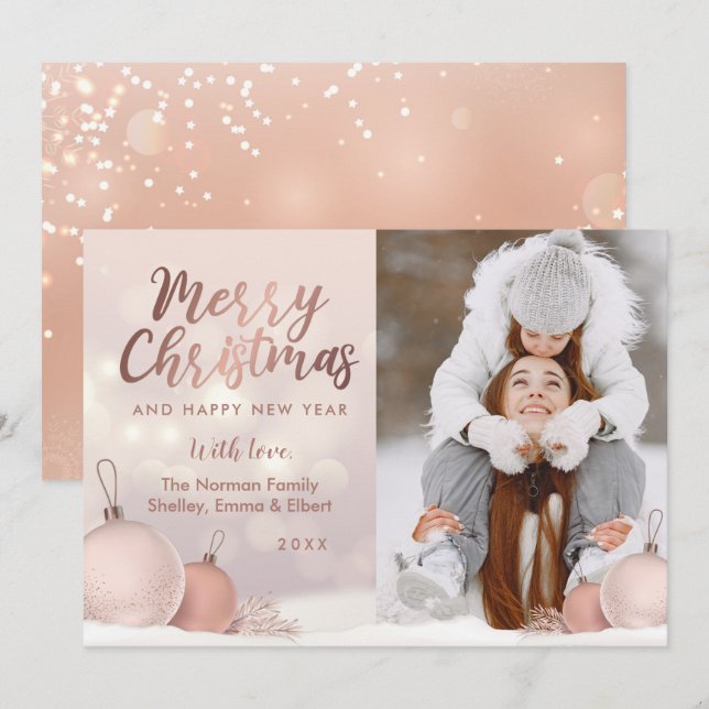 Elegant Rose Gold Pink Christmas Ornament Photo Holiday Card (Front/Back)