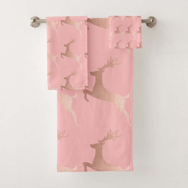 Elegant Rose Gold Pink Christmas Reindeer Pattern Bath Towel Set (Insitu)