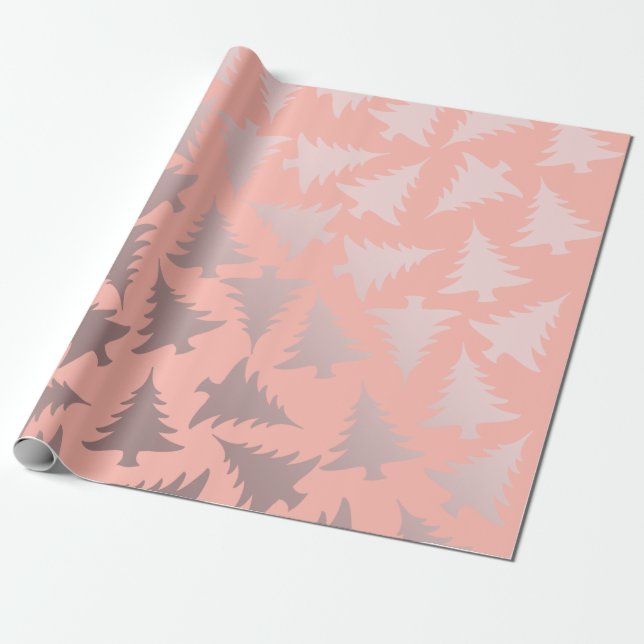 Elegant Rose Gold & Pink Christmas Tree Pattern Wrapping Paper (Unrolled)