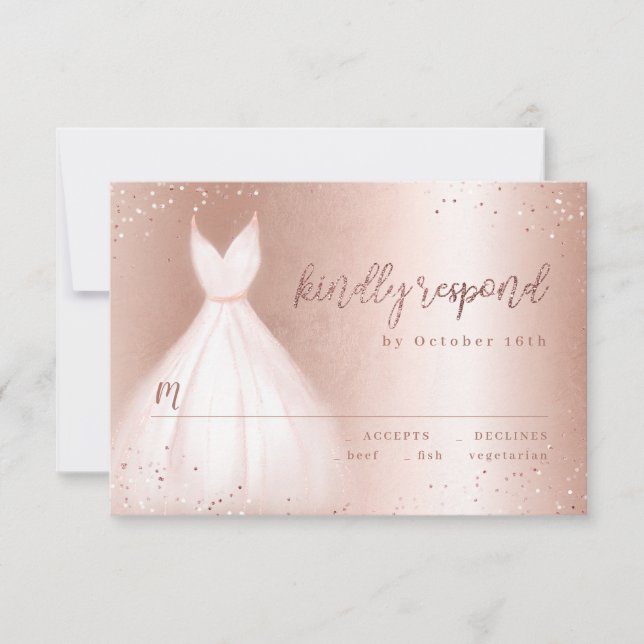 Elegant rose gold pink dress quinceañera RSVP Card (Front)