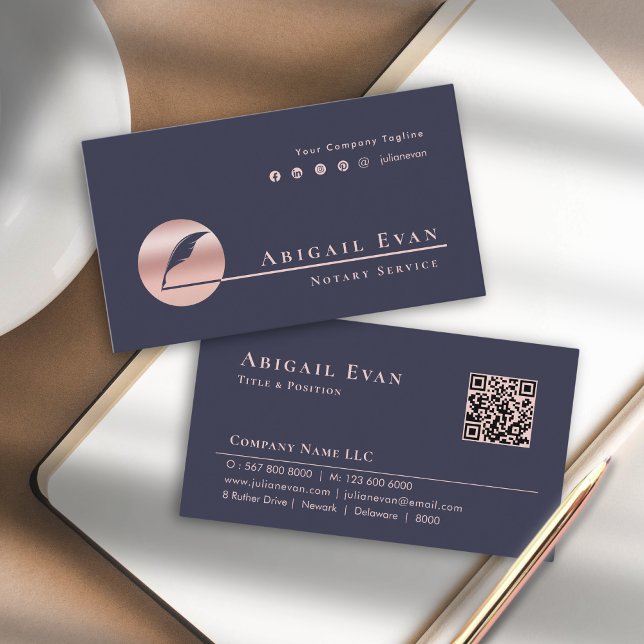 Elegant Rose Gold Pink Feather Logo Notary Service Business Card (Elegant Rose Gold Pink Feather Logo Notary Service Business Card)