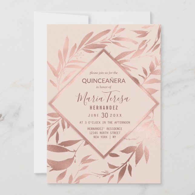 Elegant Rose Gold Pink Floral Leaves Quinceañera Invitation (Front)